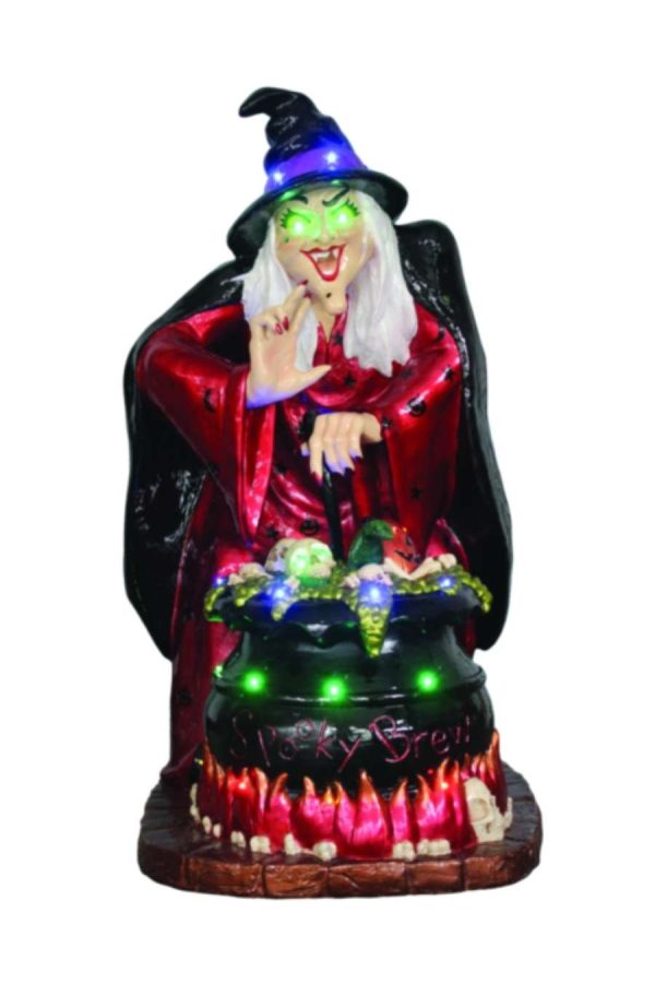 Spooky witch standing over cauldron with neon eyes